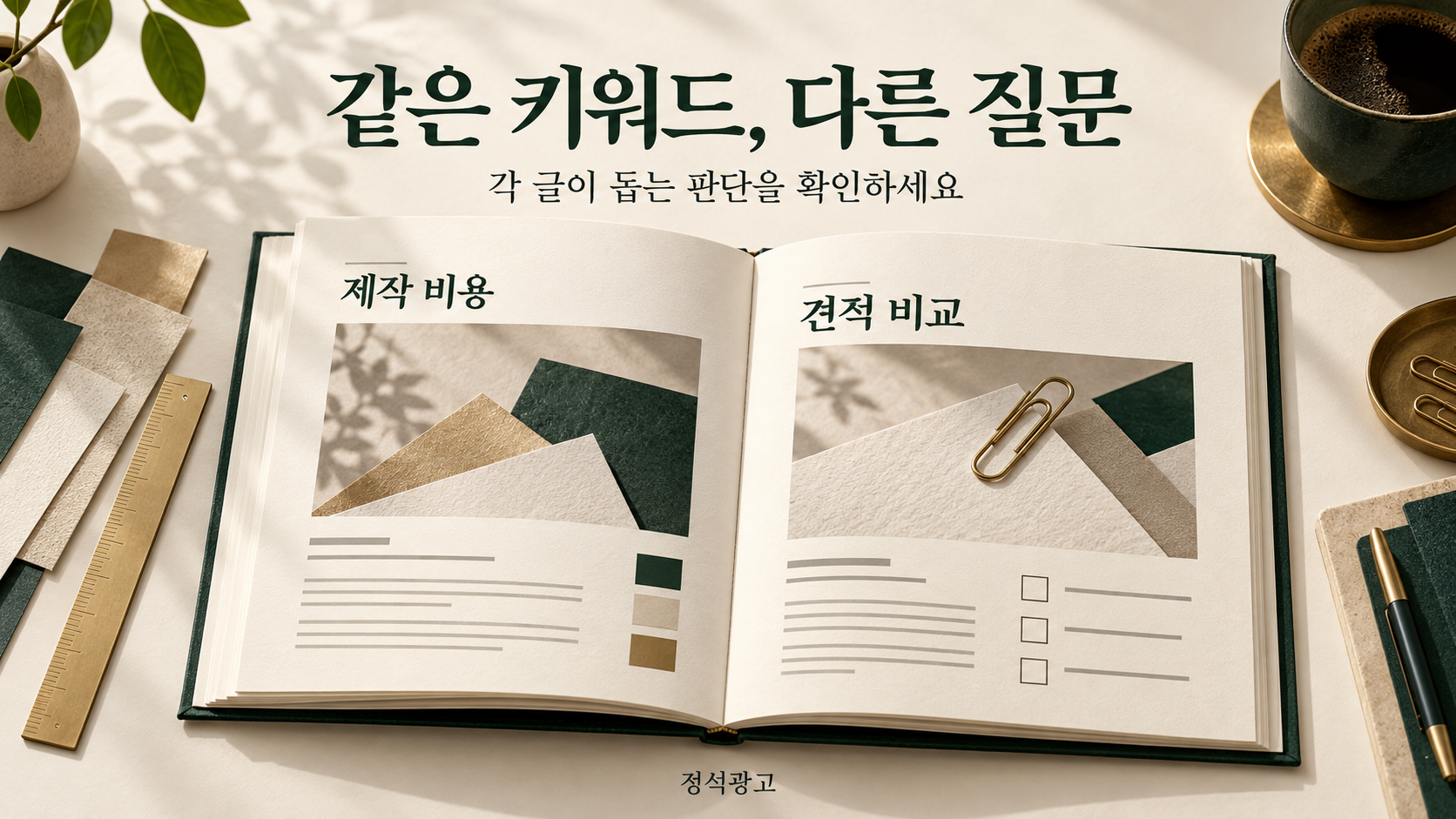 제작 비용과 견적 비교가 서로 다른 질문에 답한다는 개념 삽화