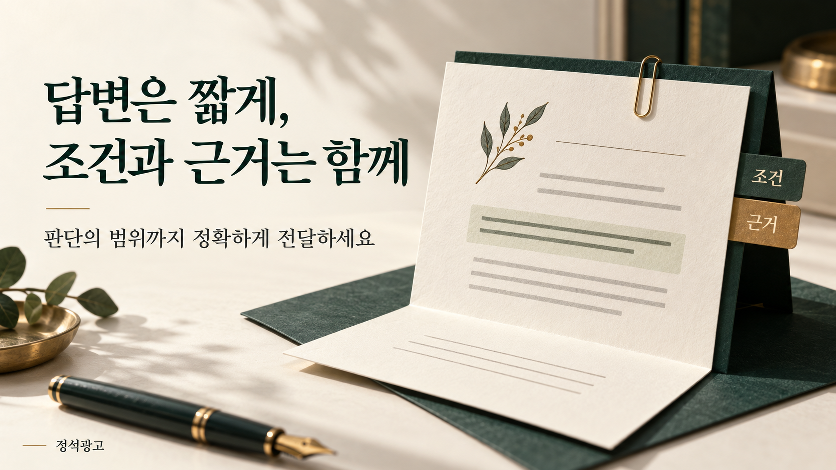 조건과 근거를 답변과 함께 전달하는 접힌 메모와 색인표